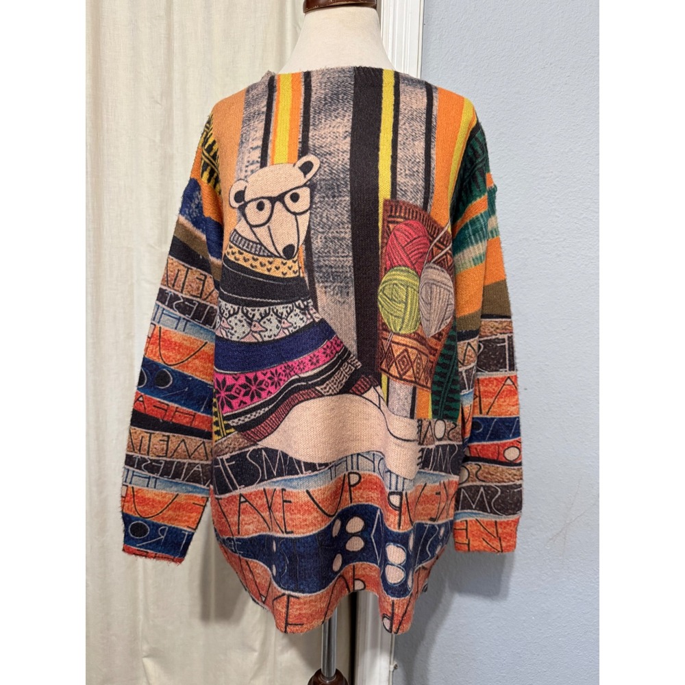 Women Wool Cotton Sweater L Oversized Polar Bear Knitting Graphic Novelty Orange - Picture 3 of 12